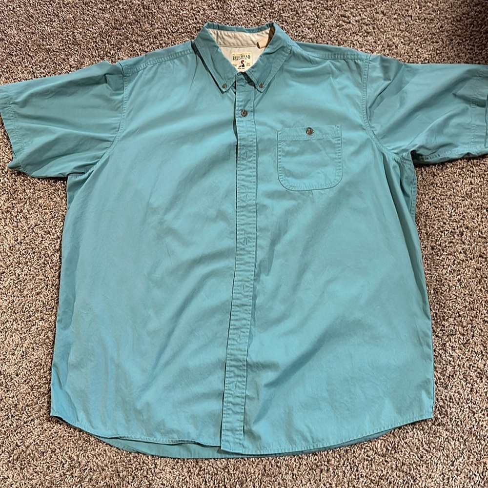 Red Head green button front shirt